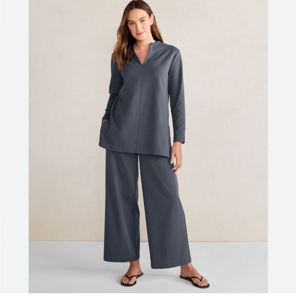 HAVEN WELL WITHIN organic cotton Polished Lounge Split-Neck Top & wide leg pants - Picture 1 of 6